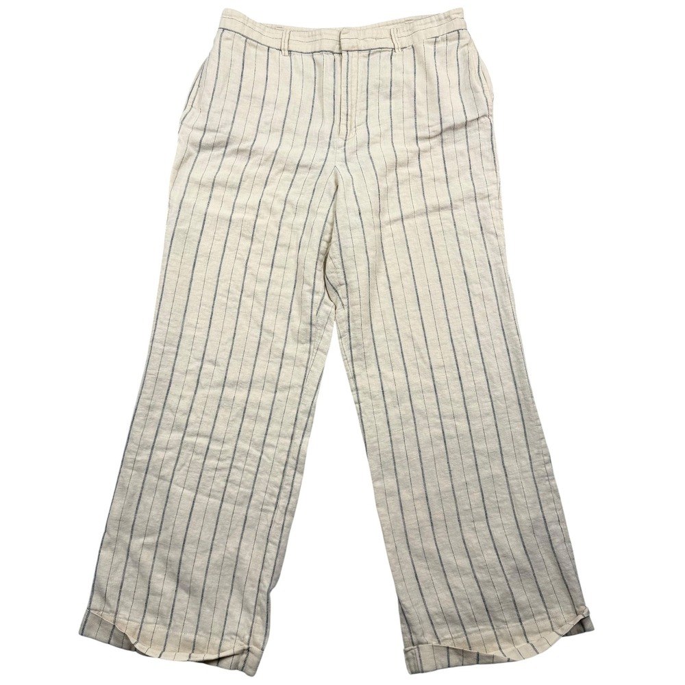 Lauren Ralph Lauren Pants Womens 12 Beige Blue Pinstripe Linen Blend Wide Leg